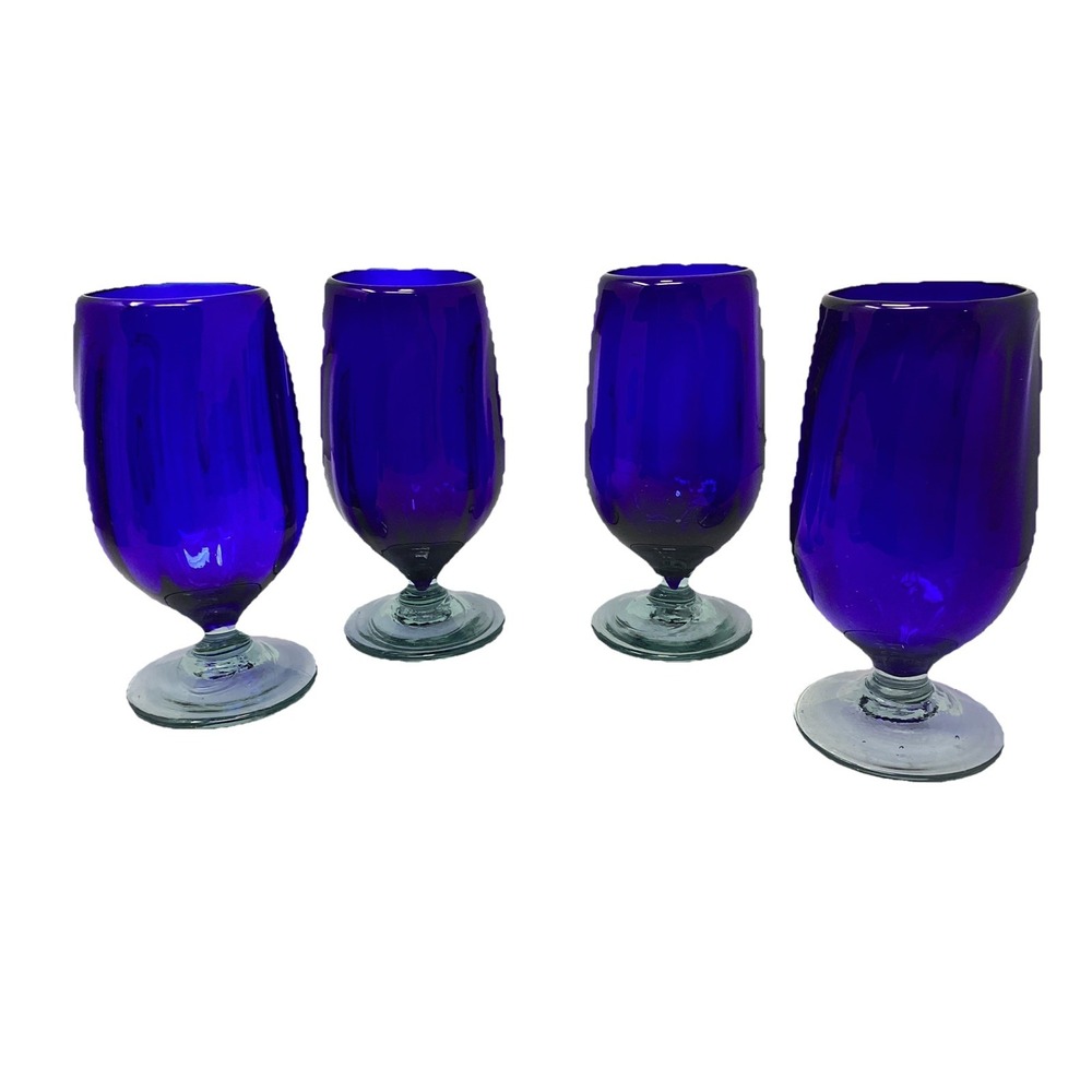 Vintage Cobalt Blue Glass Water Goblets  Hand Blown Short Clear Stems  Set Of 4